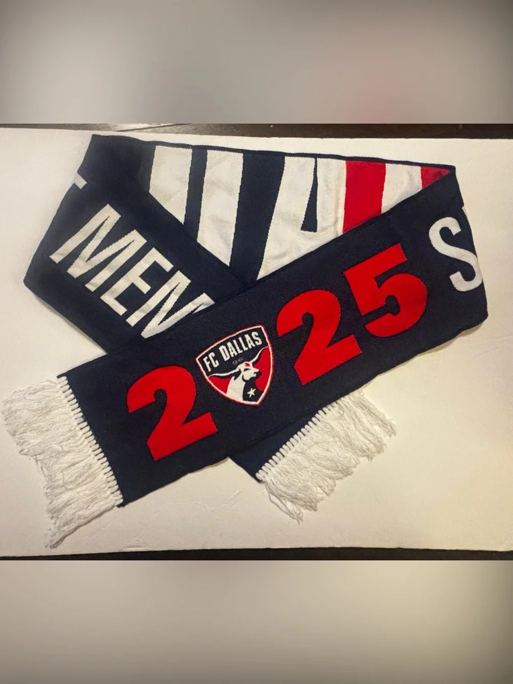 Red and White Striped Scarf with Navy Lettering